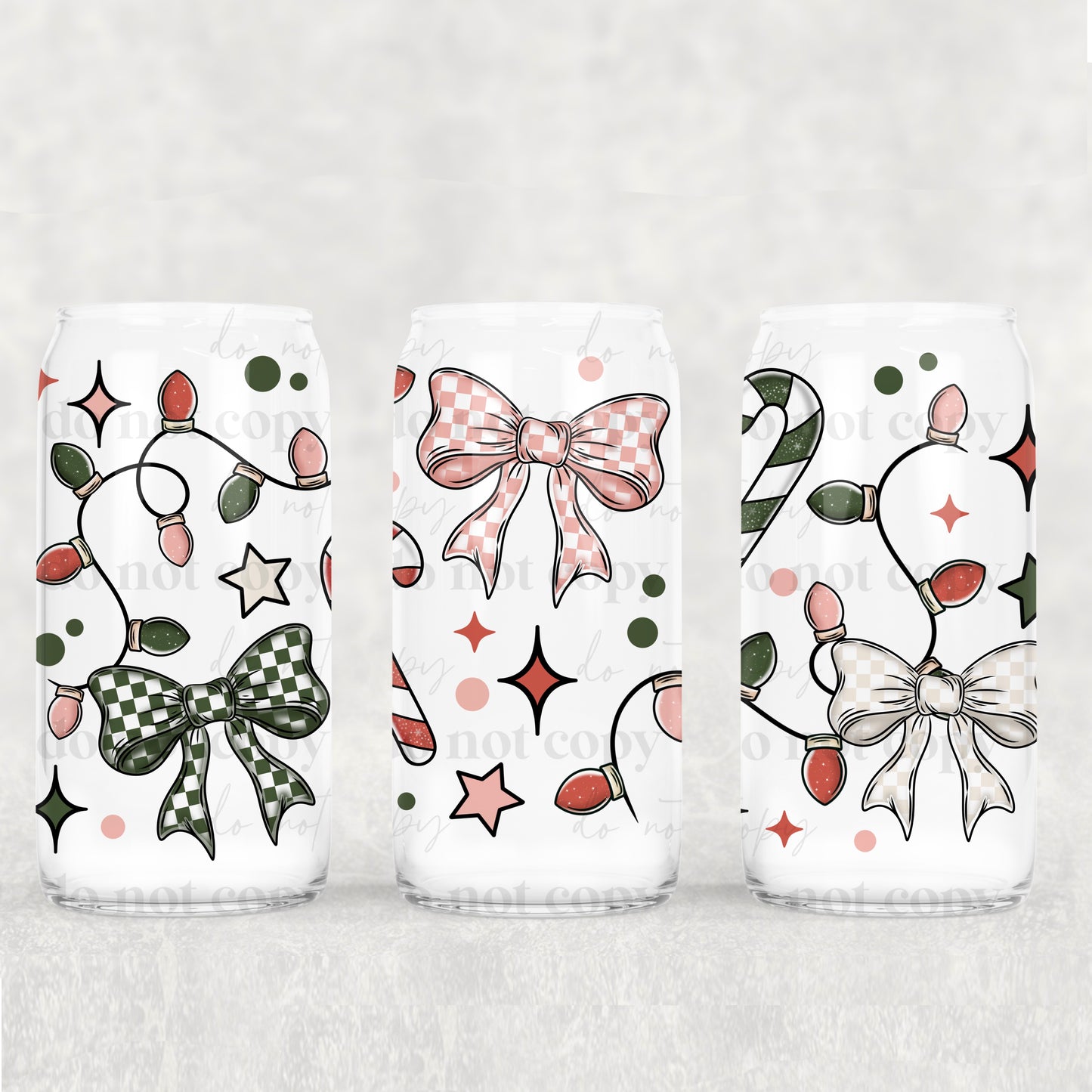 Chequered Bows. Candy Canes & Lights | 16oz UVDTF wrap (POD)