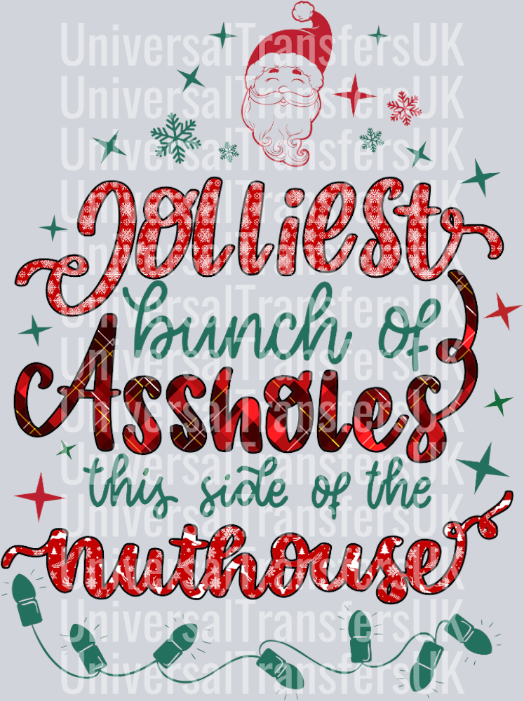 Jolliest bunch of assholes Red and Tartan Print Text and Santa Head Outline