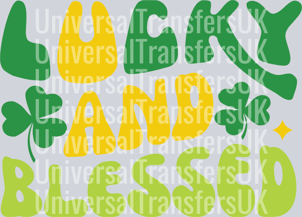 Bubble Text Lucky and Blessed Light and Dark Green with Two Clovers