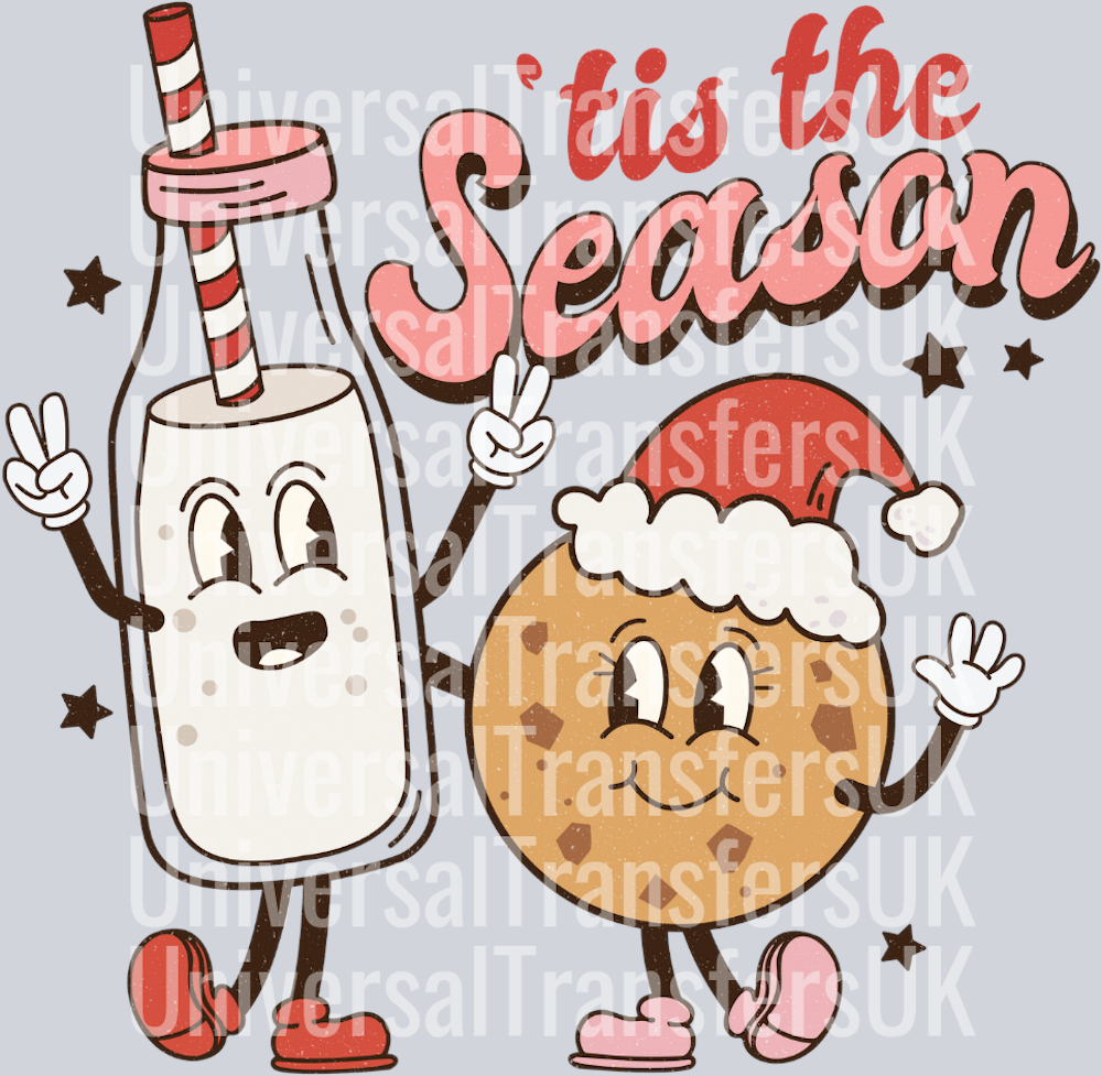 Tis the season Christmas milk & cookie friends red text