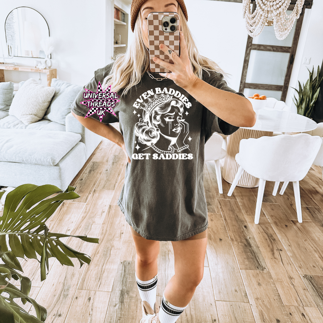 Even Baddies Get Saddies graphic t-shirt in grey with white slogan, available in UK sizes 6–34