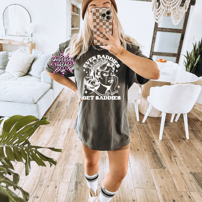 Even Baddies Get Saddies graphic t-shirt in grey with white slogan, available in UK sizes 6–34