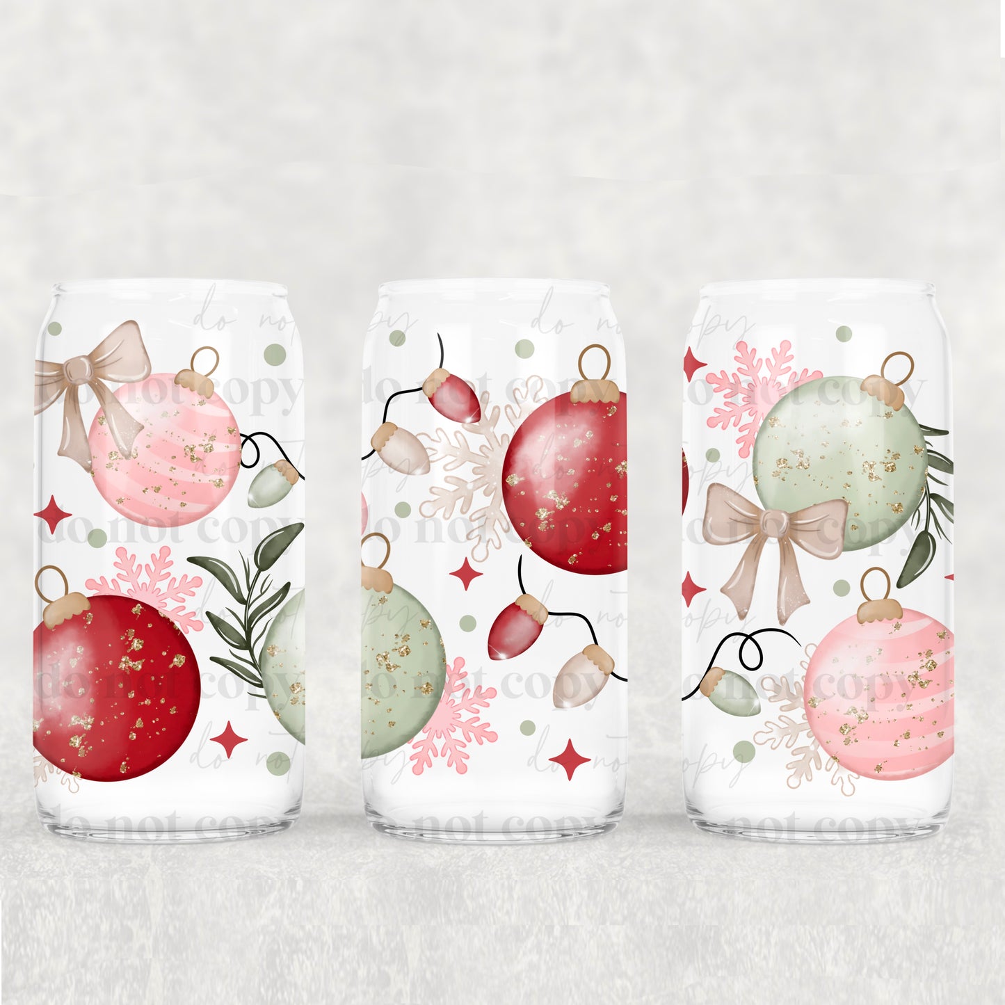 Red, Green, Pink ornaments & Lights | 16oz UVDTF wrap (POD)