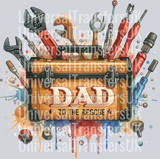 Dad to the Rescue with Toolbox and paint splats scattered tools multicolour