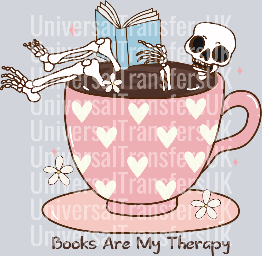 Books are my therapy cup with skeleton