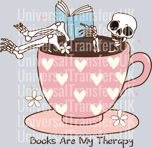 Books are my therapy cup with skeleton