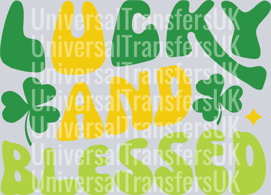 Bubble Text Lucky and Blessed Light and Dark Green with Two Clovers