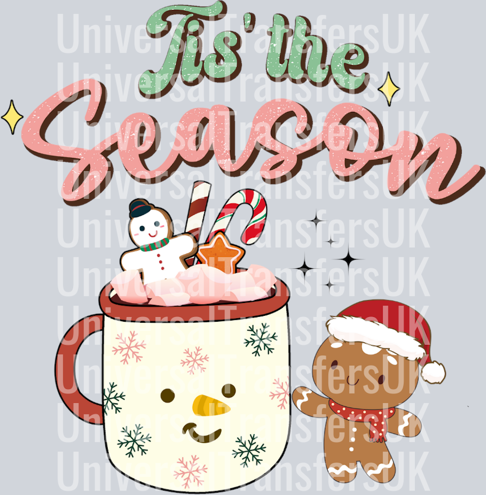Tis the season hot chocolate and gingerbread red green text
