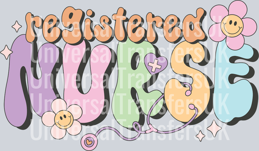 Groovy Text Multicolour Registered Nurse with Daisy Flowers
