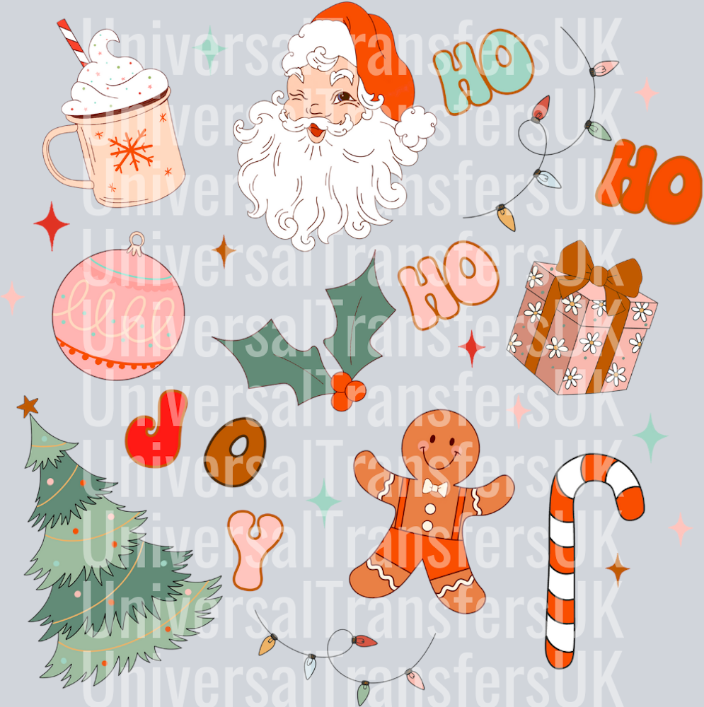 Vintage Christmas Ho Ho Ho Joy santa facing left hot chocolate gingerbread