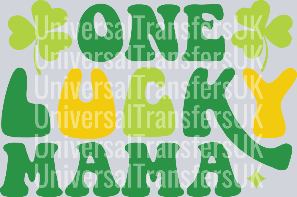 Bubble Text One Lucky Mama with Two Clovers All Light and Dark Green