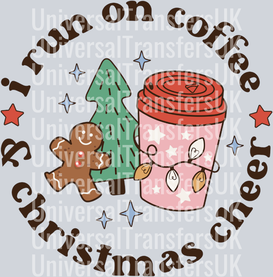 Run on coffee and Christmas cheer circle black text with Gingerbread tree and drink cup