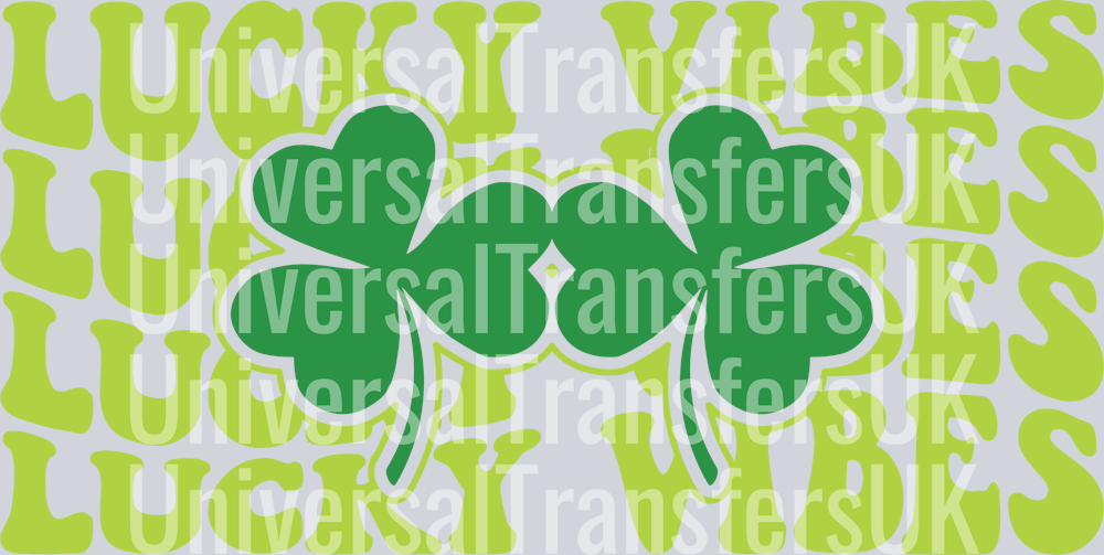 Groovy Text Lucky Vibes Four Rows with Two Clovers Centered All Green