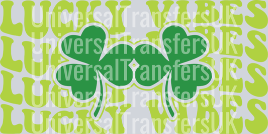 Groovy Text Lucky Vibes Four Rows with Two Clovers Centered All Green