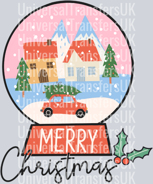 Tree on top of car snowglobe Merry Christmas