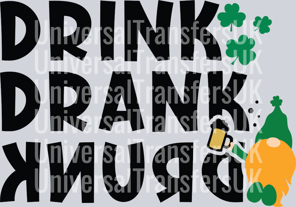 Drink Drank Drunk Black Text and Green Gnome with drink in hand