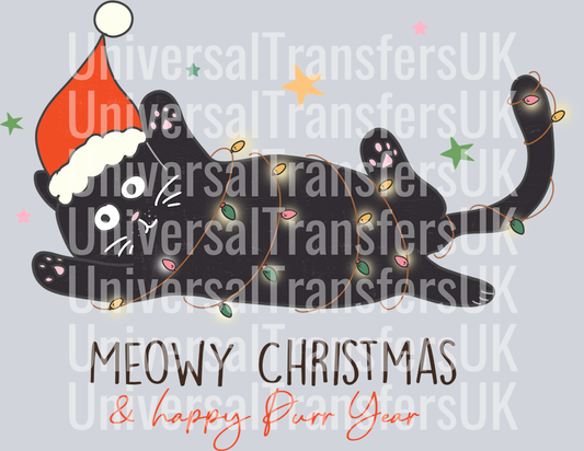 Black Cat Wrapped in Fairy Lights Meowy Christmas