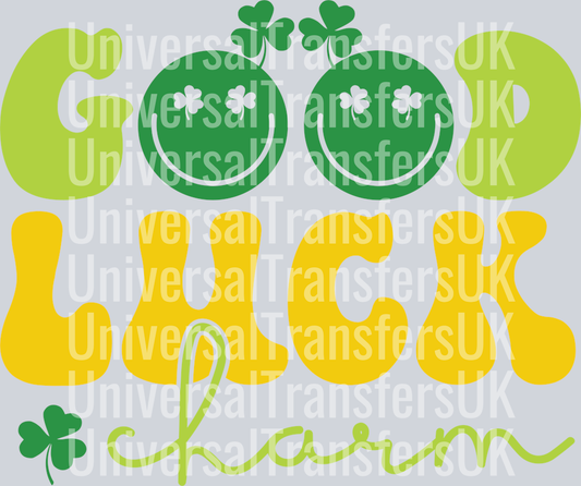 Groovy Text Good Luck Charm in Green with Smiley face and clovers