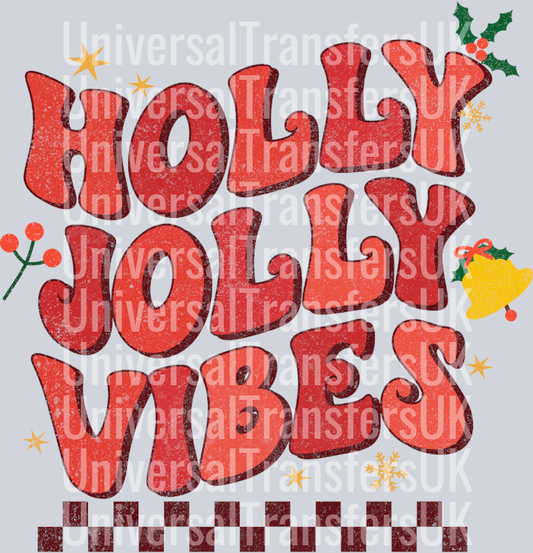 Red text Holly jolly vibes checkered