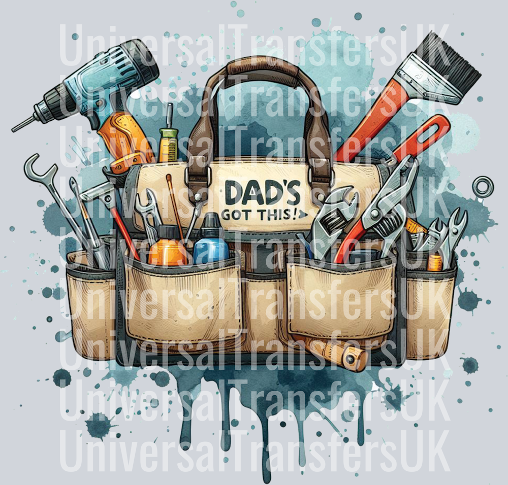 Dad's Got This with tool bag and paint splats scattered tools multicolour
