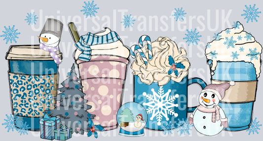 Blue Christmas Cups Drinks with Snowman