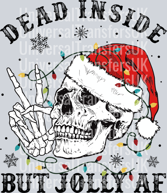 Dead inside but jolly AF Big Skeleton Skull with Fairy Lights Black Text
