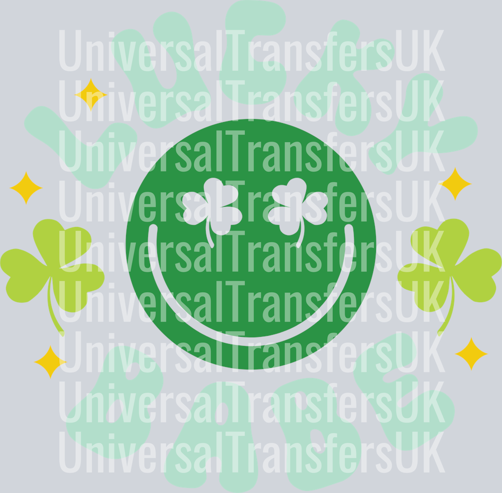 Bubble Arch Text Lucky Babe with Green Smiley Face and Two Light Green Clovers