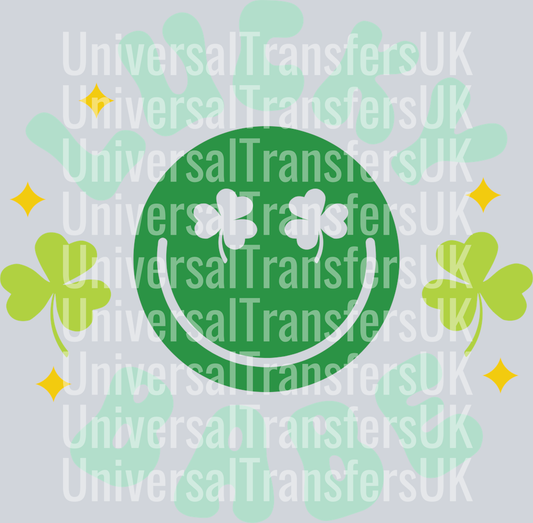 Bubble Arch Text Lucky Babe with Green Smiley Face and Two Light Green Clovers